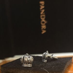 Pandora Silver Crown Stud Earrings with Clear Stones